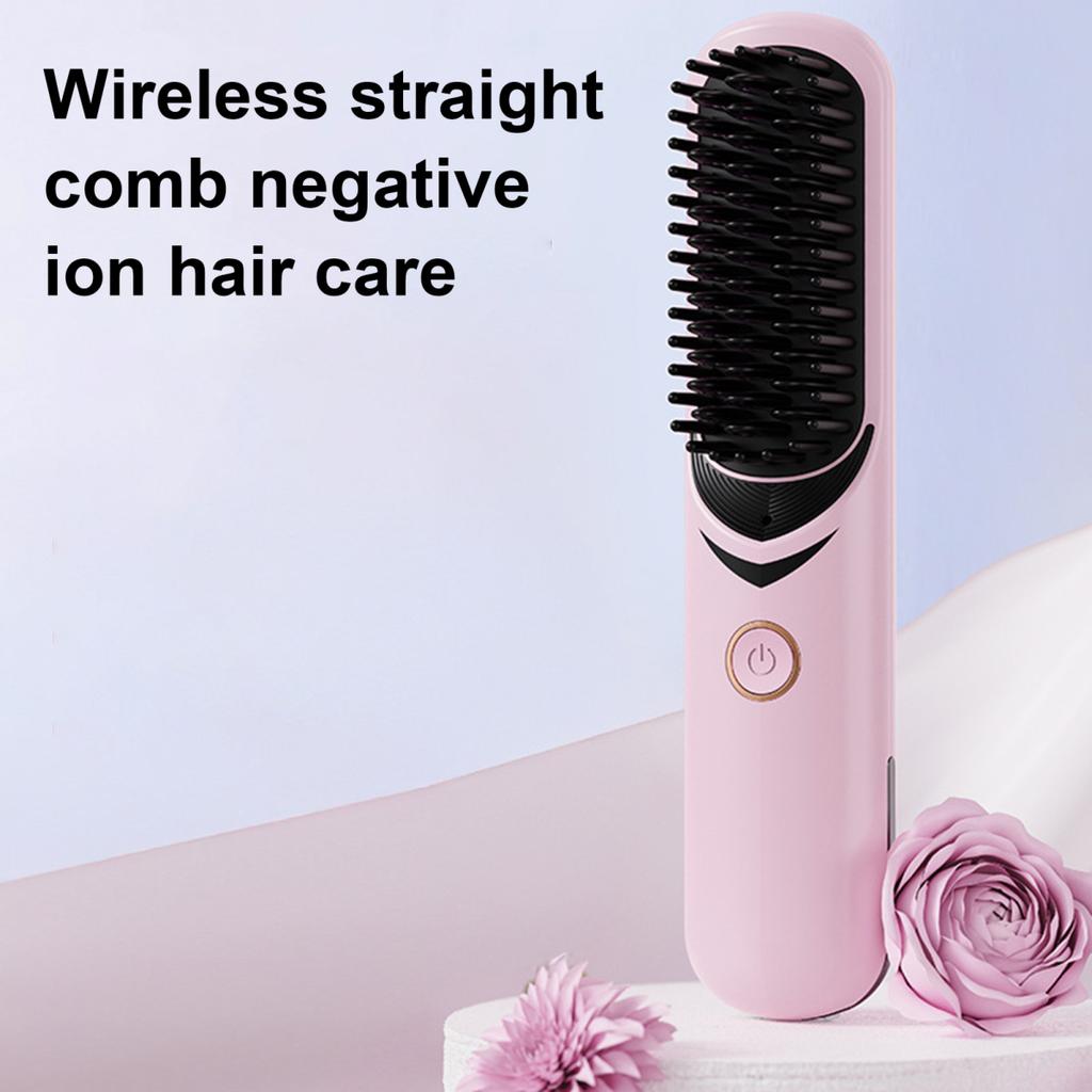 Cordless Hair Straightener Brush 3 Temp Adjustable Fast Heating Portable Travel Negative Ion Hot Brush Electric Curly Hair Styling Detangling Comb