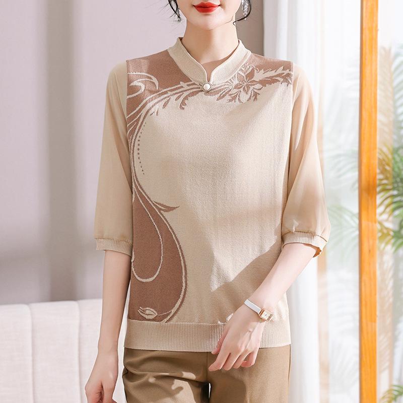 Stylish Middle-Aged Women s Knitted Yarn Sleeve T-Shirt with Stand-Up Collar and Seven-Point Sleeves for Spring and Autumn 5XL (Recommended 150-165 lbs)