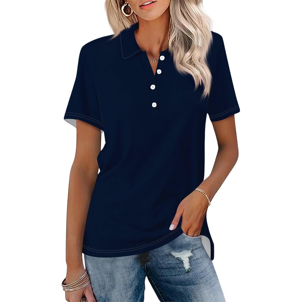 Women's Fashion Lapel Short Sleeve Solid Color Printed Button Top