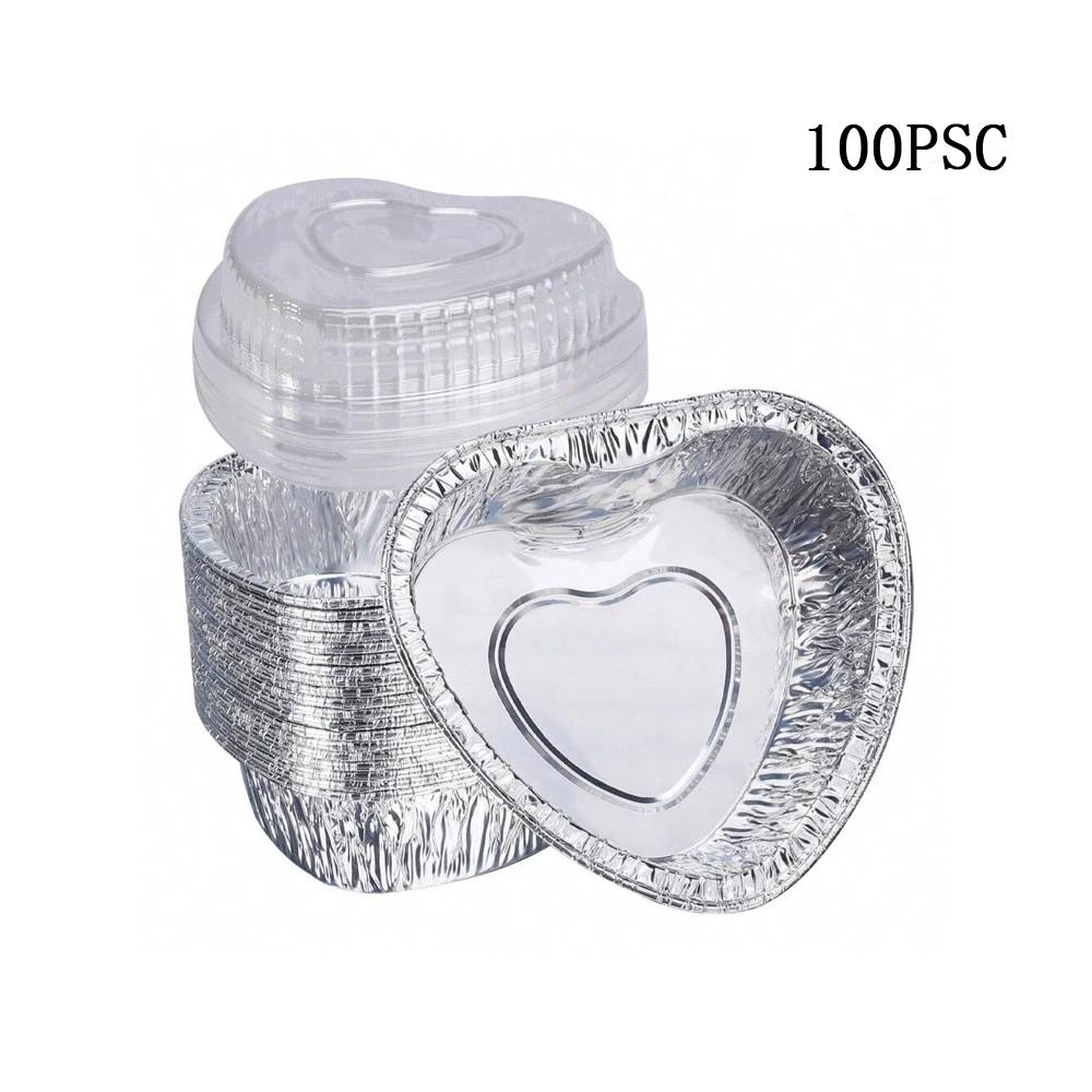 Disposable Valentine's Day Cake Pan Mold Heart Shaped Muffin Pan with Lid Heart Food Packing Box Pudding Cup Mousse Cupcake Mold