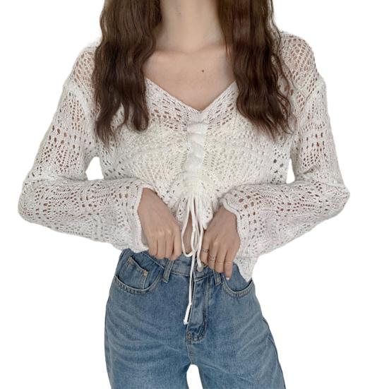 

Женские топы-накидки с V-образным вырезом, завязками, длинными рукавами, однотонные, свободные, с ажурным дизайном, солнцезащитные накидки белый