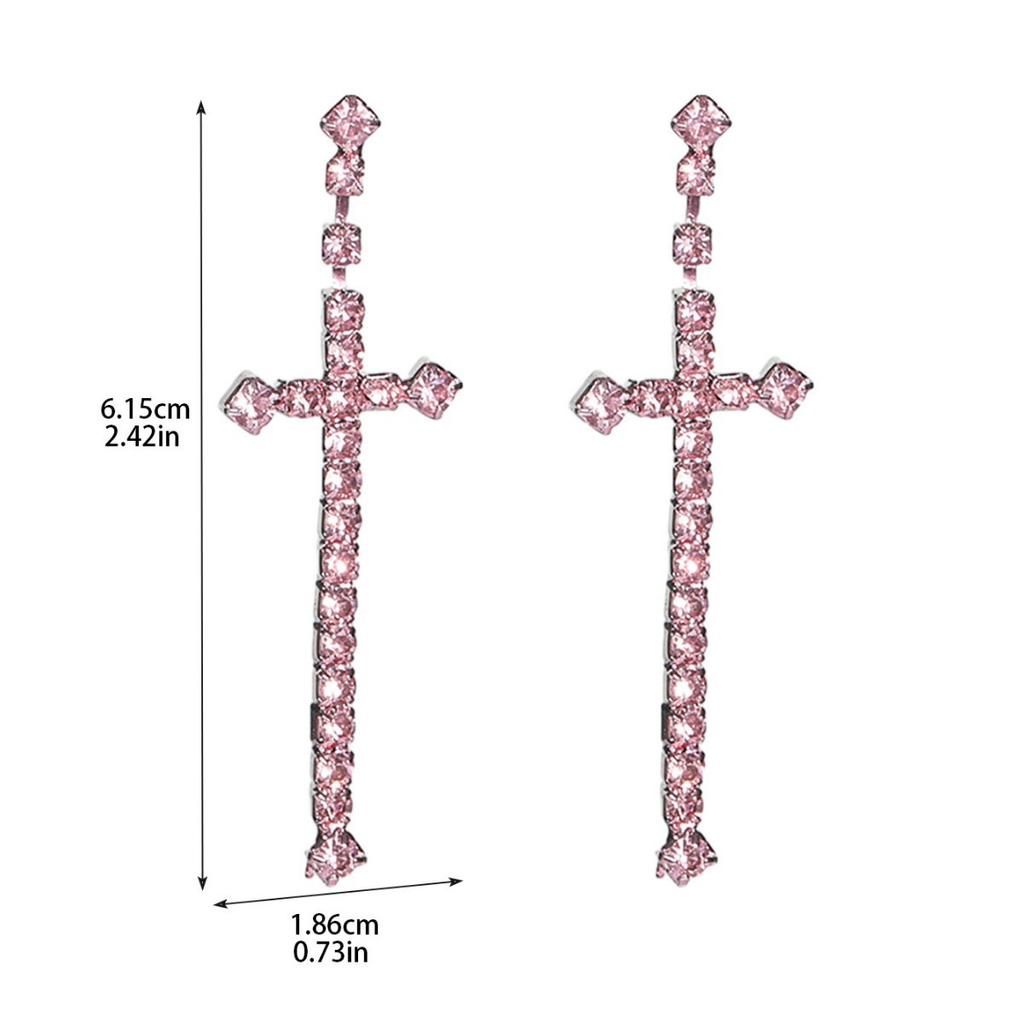 Temperament Glänsande Kristall Kors Långa Örhängen Mode Hög Känsla För Rosa Örhängen Damörhängen 1 Par