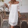 Women Summer Casual Flat Shoulder White Hollow Embrioderied Lace One Piece Dress