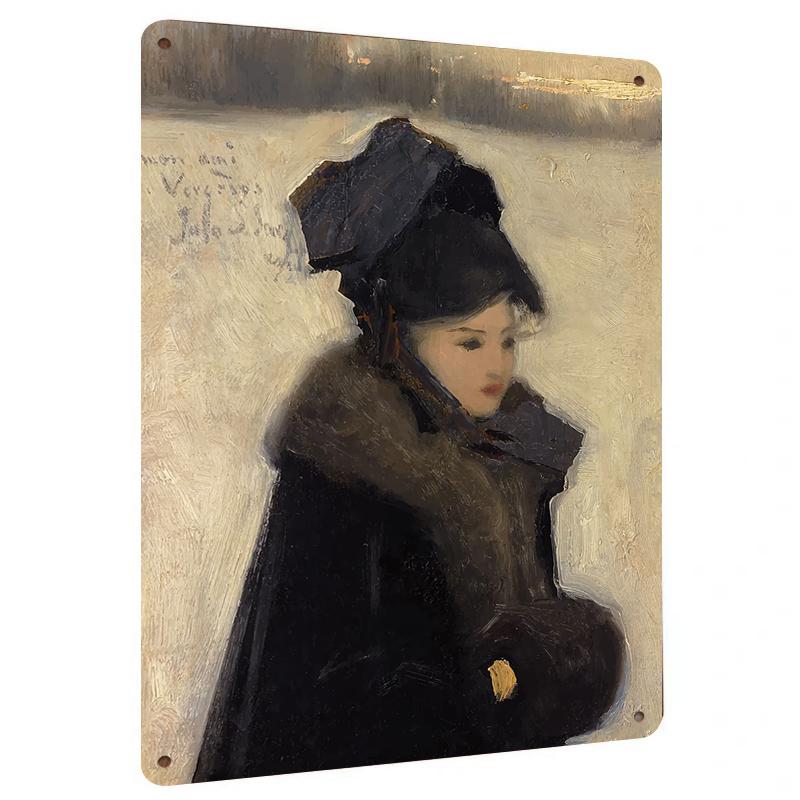 

Vintage European Girl Snow Scene Metal Wall Art Living RoomPainting 20x30cm（7.8x11.8inch）