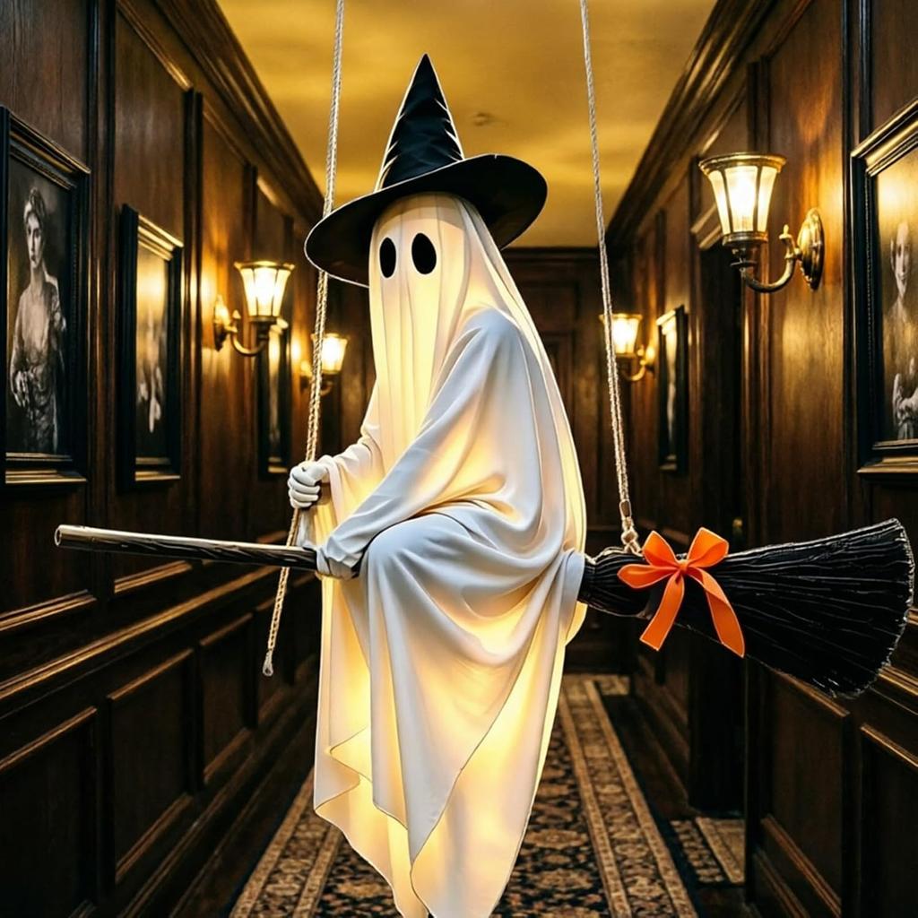 Halloween Decorations 5FT Large Hanging Flying Ghost Decor with Witch Broom for Lawn Patio Porch Backyard Front Yard Haunted House