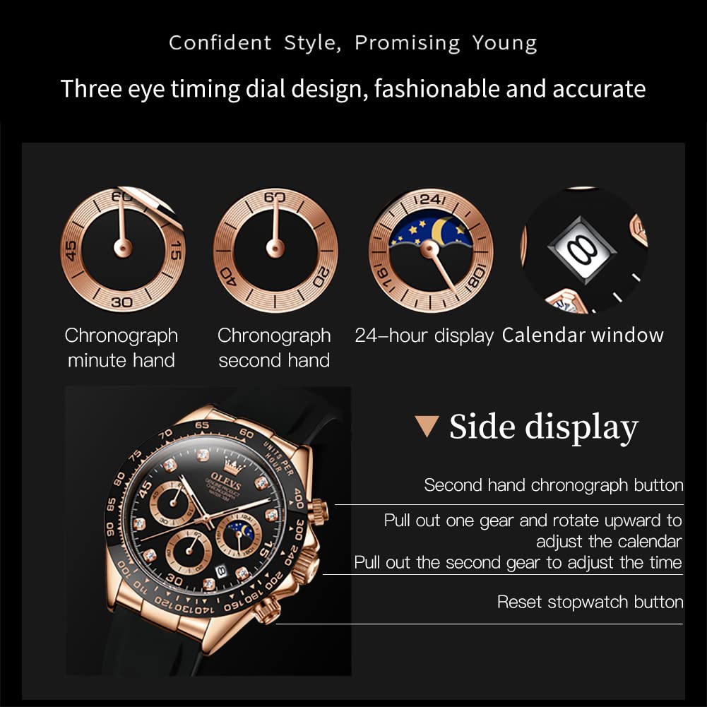 OLEVS Men's Sports Quartz Chronograph Watch Black Silicone Strap Rose Black Dial Date Display 41.5mm Waterproof
