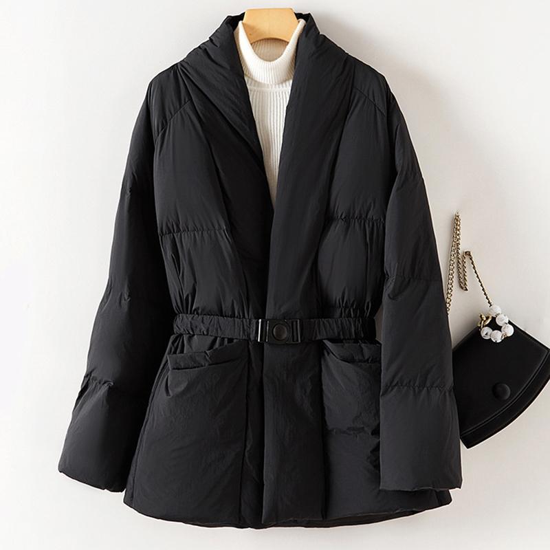 Women Down Jacket Casual Loose Belt V Neck Collar Fashion Autumn Winter Outwear Coat