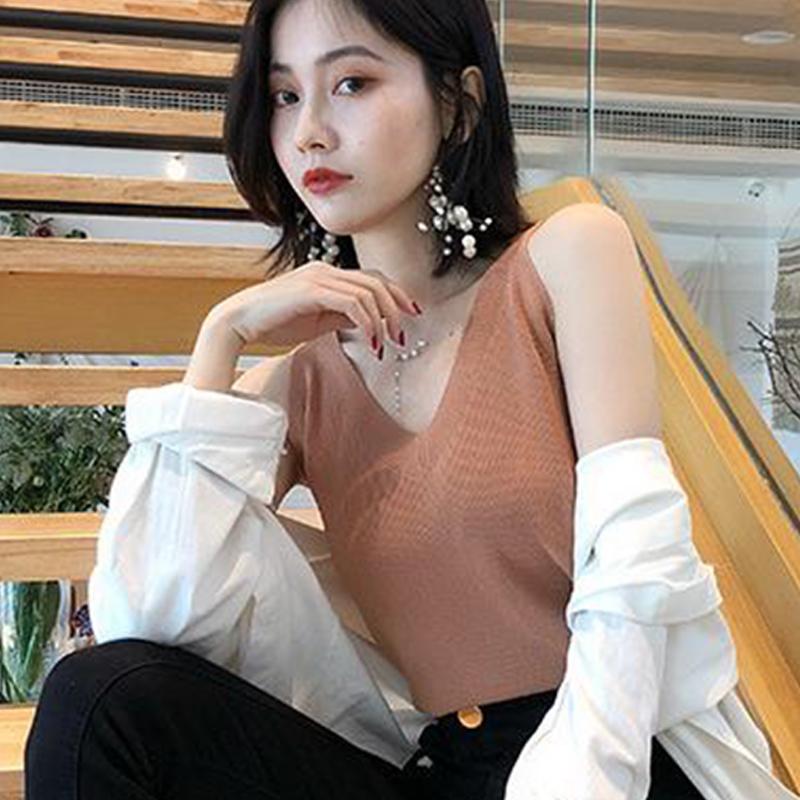Women'S Fashion V-Neck Knitted Vest Summer Solid Color Sleeveless Casual Tank Top