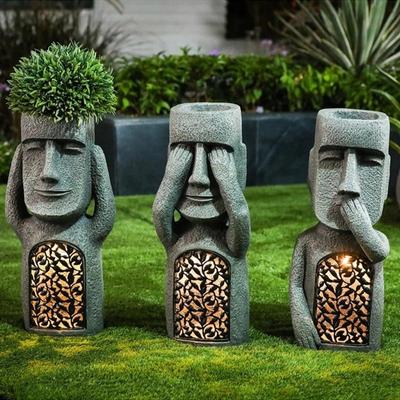 No See/Hear/Speak Evil Garden Easter Island Statue Flower Pot with LED Light Sculpture Planter Outdoor Decoration