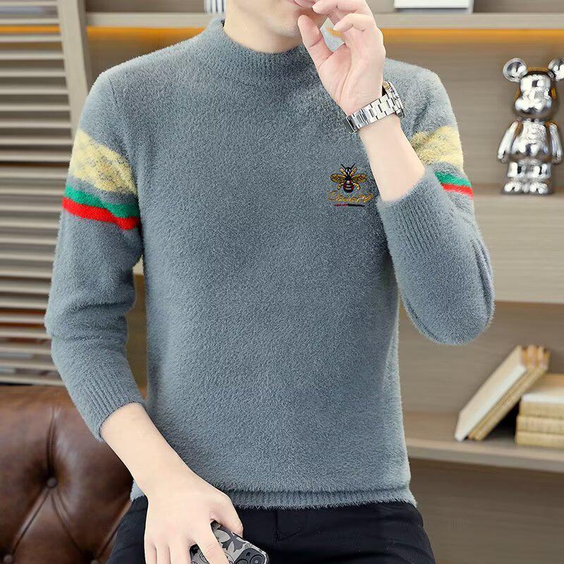 

Men s Trendy Mink Velvet Sweater – Half-High Collar, Thick, Warm, Loose Knit with Little Bee Embroidery 2XL сірий колір