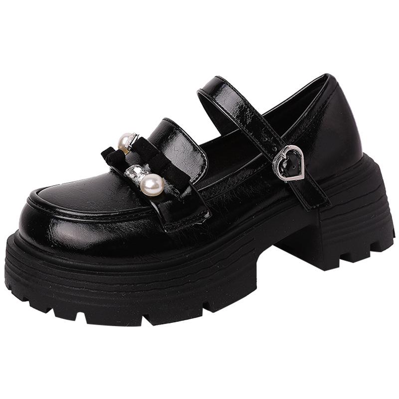 British style bow pearl Mary Jane shoes women's autumn fashion retro platform heightening thick heel high heel single shoes tide
