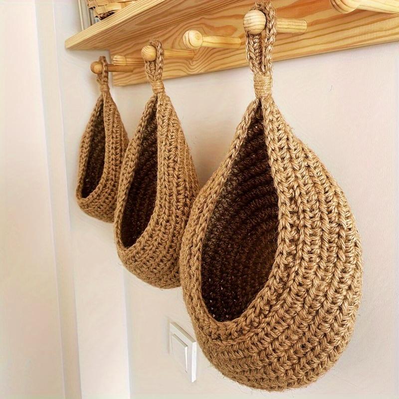 Boho Chic 3pcs Set of Hand-Woven Cotton Rope & Linen Baskets with Hooks - Ideal for Hanging Fruits, Vegetables