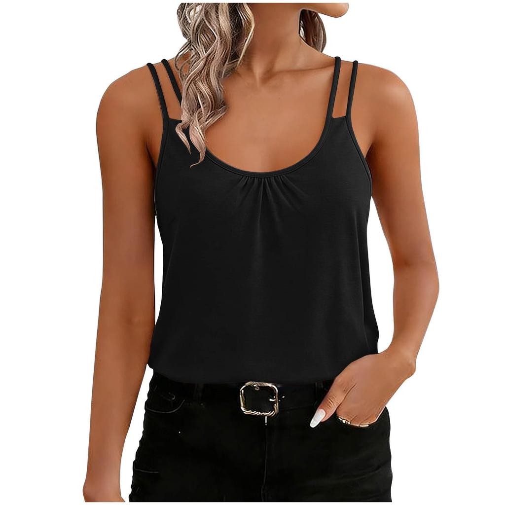 Women's  Strap Tank Tops Sexy Scoop Neck T Back Ruched Sleeveless Camisole Tops