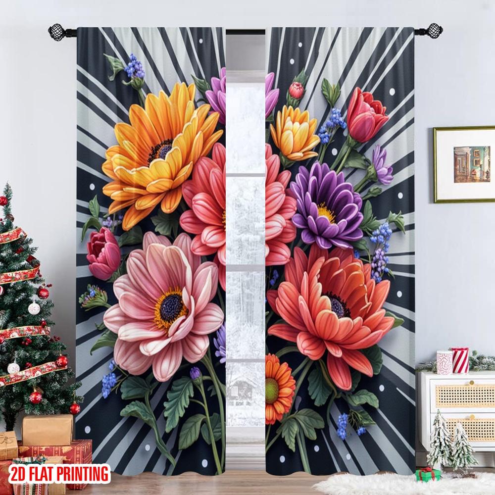 Set Of 2 Flat Printing Curtain Vibrant Floral Garden Polyester Digital Printed Drapes Family Party Use Indoor Outdoor