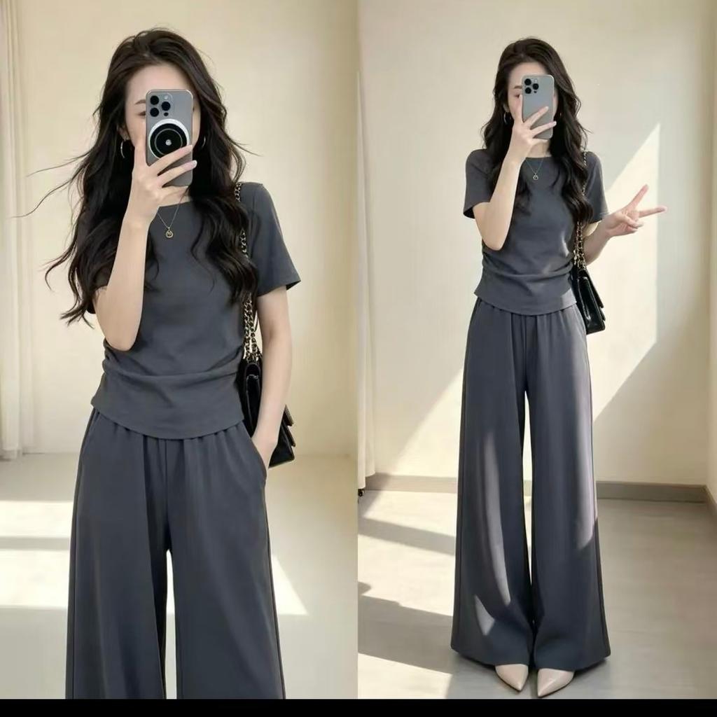 Summer Sports Small Casual Fashion Sports Suit 2026 Thin Meat Cover Short-sleeved Wide-leg Pants Two-piece Set Women