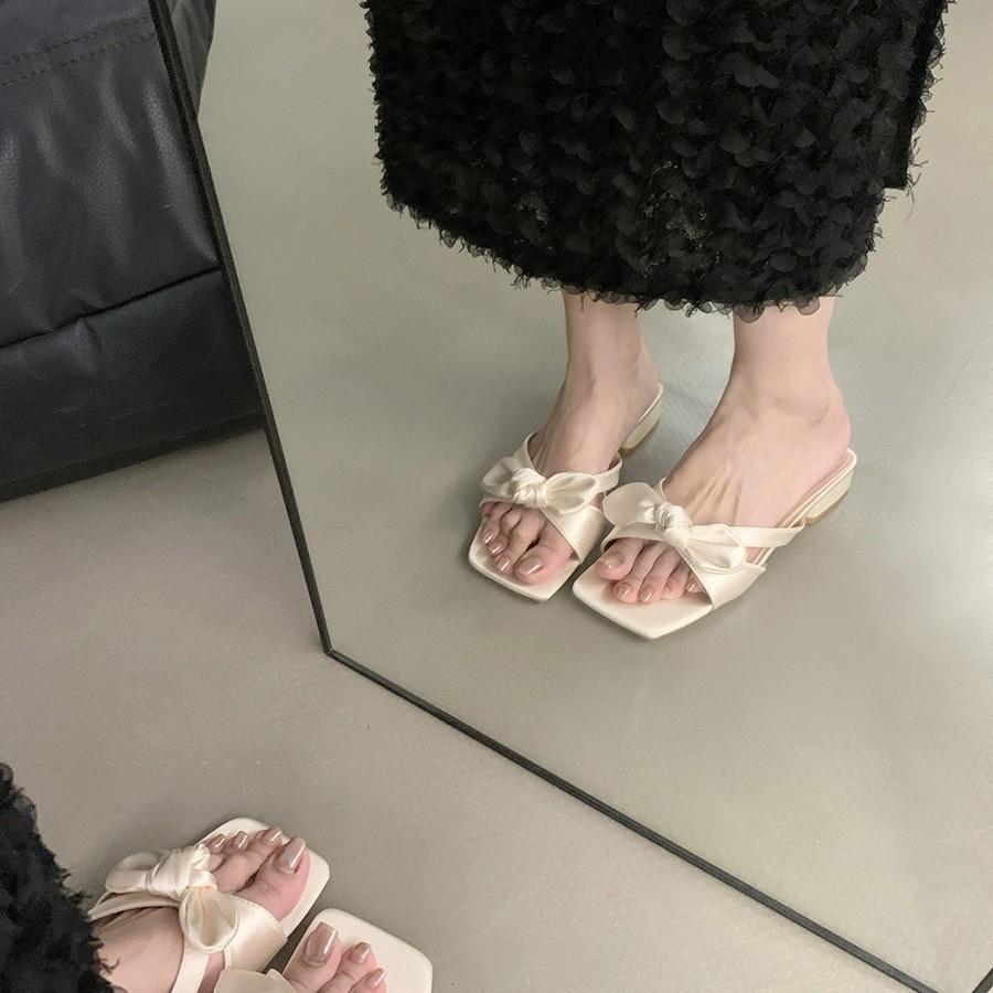 Slippers female summer outer wear fairy thick heel bow sandals with skirt beach shoes