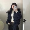 Women's Navy Blue Hooded Cotton Coat with Faux Fur Collar - Warm Winter Short Jacket