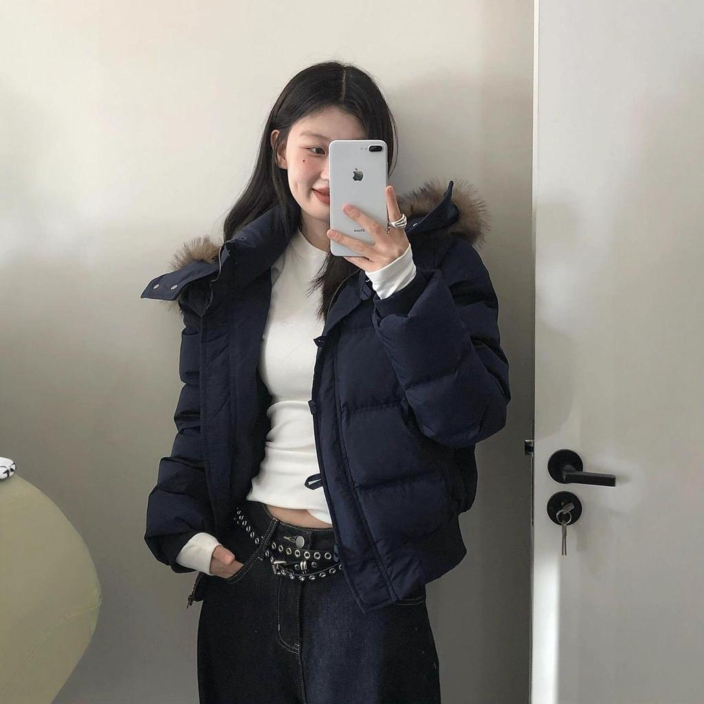 Women's Navy Blue Hooded Cotton Coat with Faux Fur Collar - Warm Winter Short Jacket