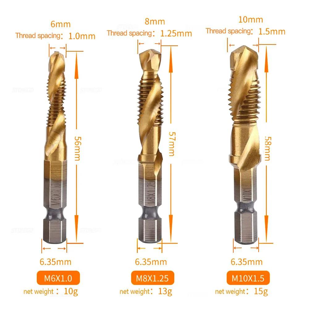 STONEGO 1PC/6PCS High-speed Steel Composite Taps Titanium-plated Spiral Machine-use Open Hole Tapping Chamfering Integrated Taps