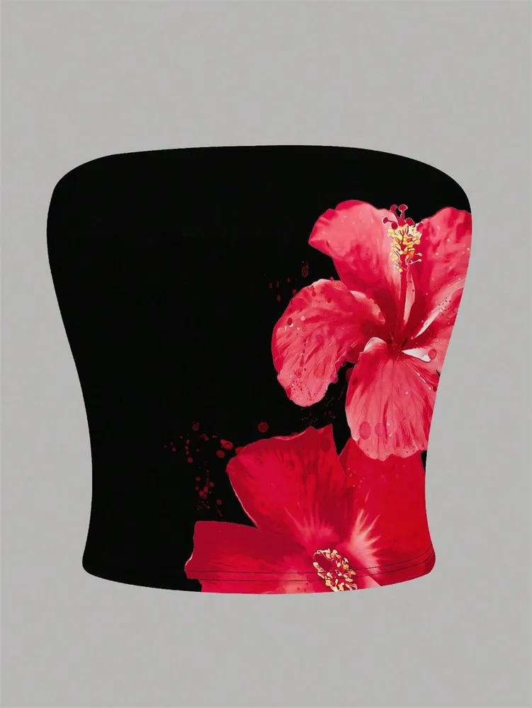 Crop Top Phumee Sleeveless Floral Printed Tube Top Off the Shoulder A2492