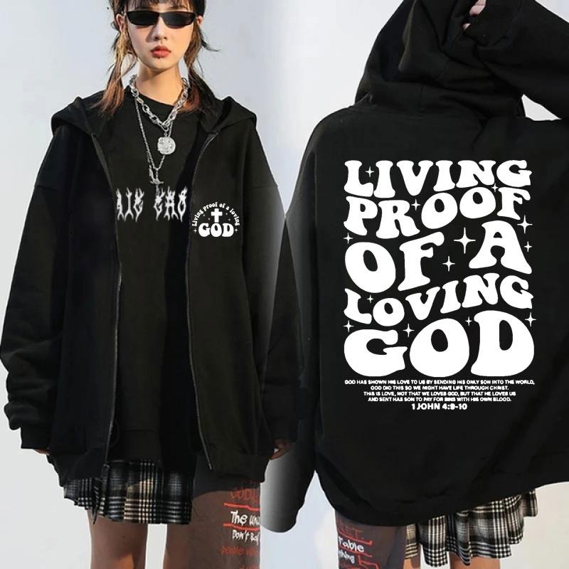 Hanorace cu fermoar și imprimeu grafic Christian Living Proof Of A Loving God pentru bărbați și femei, verset biblic Iisus, jachete de iarnă, sweatshirt