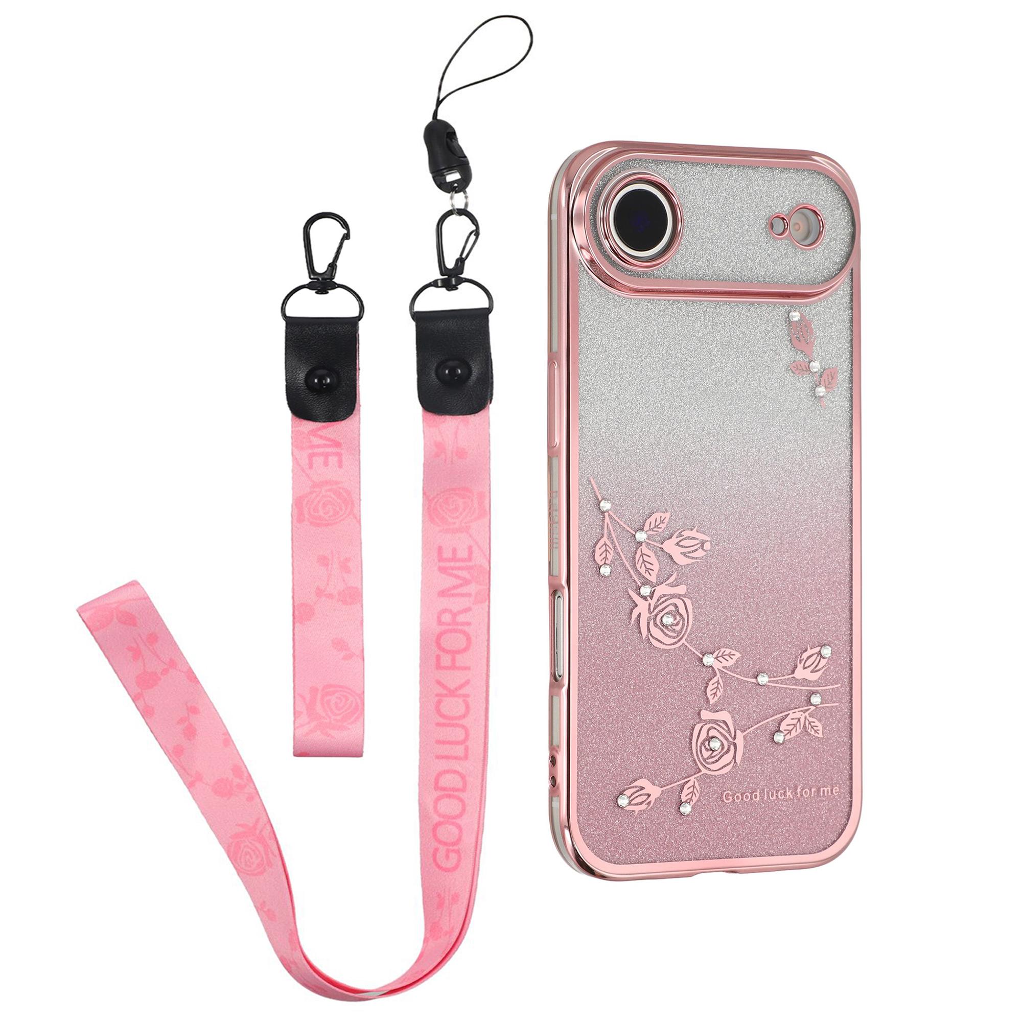 

KADEM For iPhone 17 Air Case Flower Pattern TPU Gradient Phone Cover with Lanyards Rose Gold