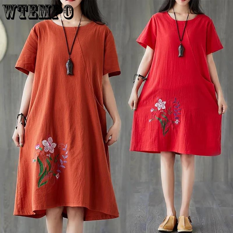 Bumbac și in, stil etnic retro, brodate lejer pentru femei, ocazională, rochie de lungime mijlocie, cu mâneci scurte, cu gât rotund de vară