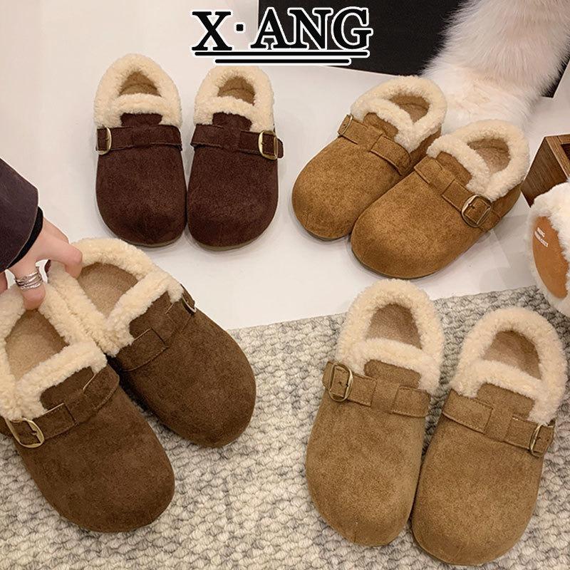 Damen-Samtschuhe mit dicken Sohlen, komplett aus Rindsleder, gefüttert mit verdickter Thermobaumwolle, Slipper aus Lammwolle