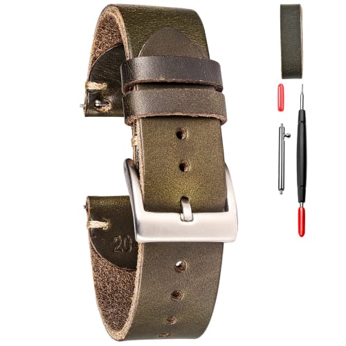 

Hemsut Genuine Leather Watch Band, 22mm, Horween Soft Genuine Leather, Vintage Style with Quick Release Tool, Stainless Steel Silver Watch Buckle, Rep