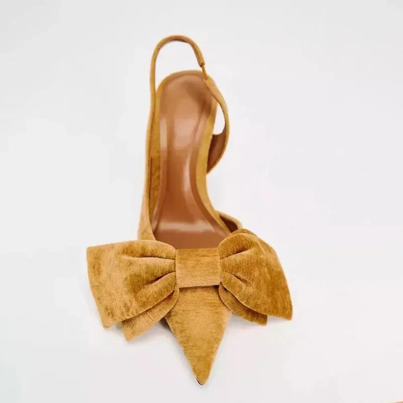 Fashion Designer Velvet Slingback Heeled Sandals Women Elegant Bow Decoration Back Strap Pointed Toe High Heels Dress Shoes Women Pumps