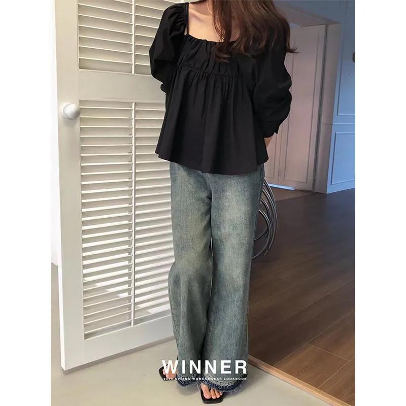 Women's White Square Neck Puff Sleeve Ruffled Hem Chiffon Blouse With Thin Strap Decoration