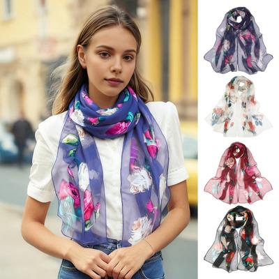 Lenço Feminino de Seda Sintética Estampa Floral Lenço Longo Macio Proteção Solar Praia Viagem Exterior Xale Leve