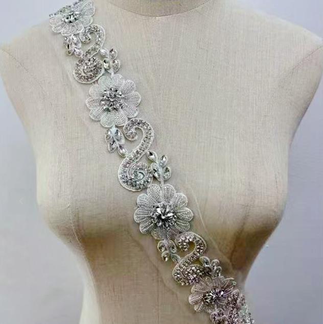 RM-801 Handmade Rhinestone Lace Trim Applique Sequin Beaded Trim for Dress