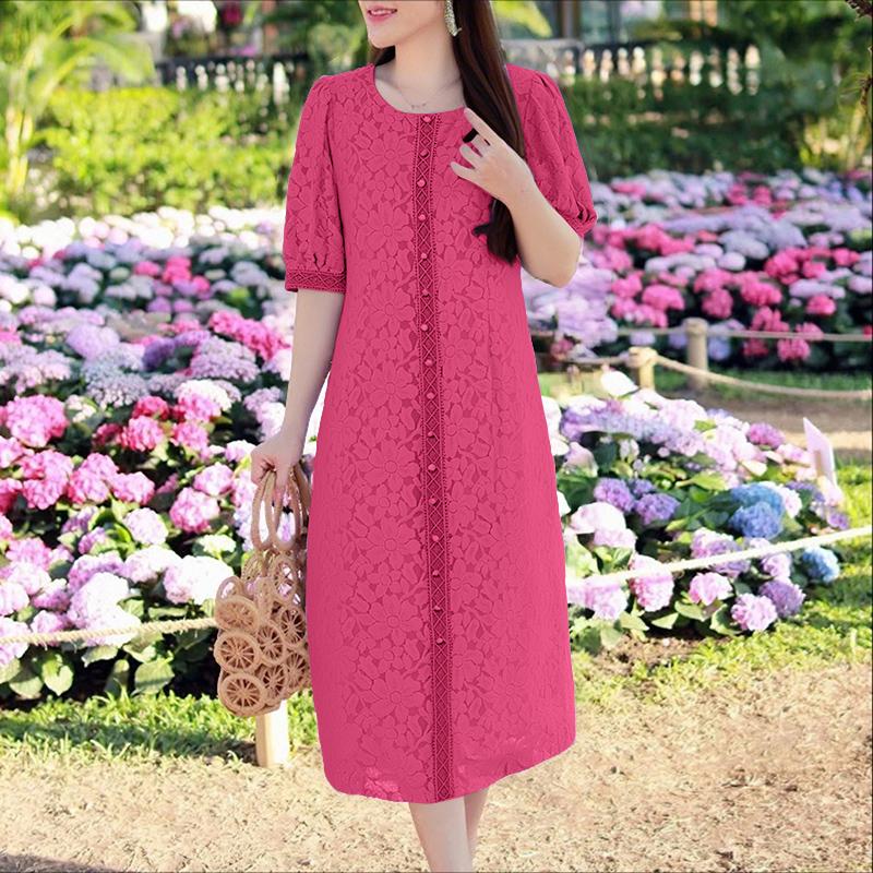 ZANZEA Women Casual Round Neck Loose Lace Patchwork Half Sleeve Dress
