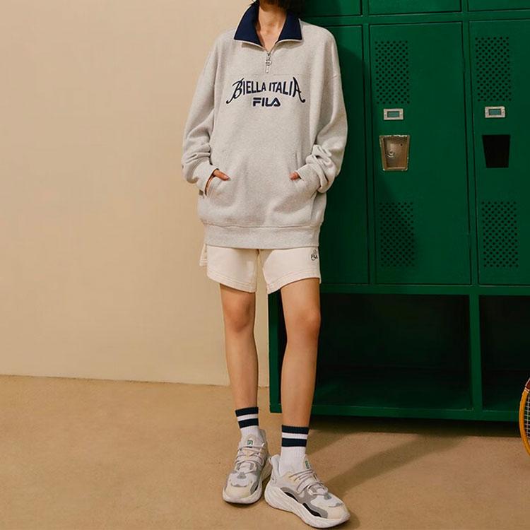 Fila Fleece Pullover Sweatshirt With Letter Print Unisex Sweatshirts Ivory Heather-Gray F11U339201FMG