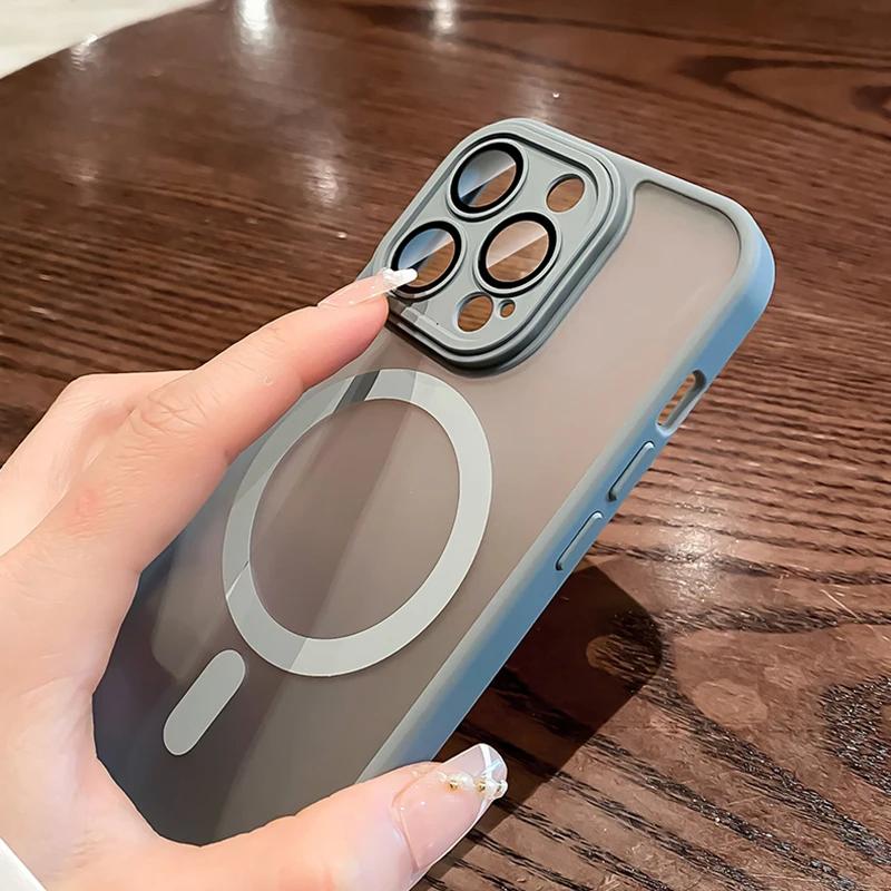 Luxury Matte Magnetic For Magsafe Translucent Case For iPhone  16 15 14 13 11 12 Pro Max Plus Glass Lens Wireless Charge Cover