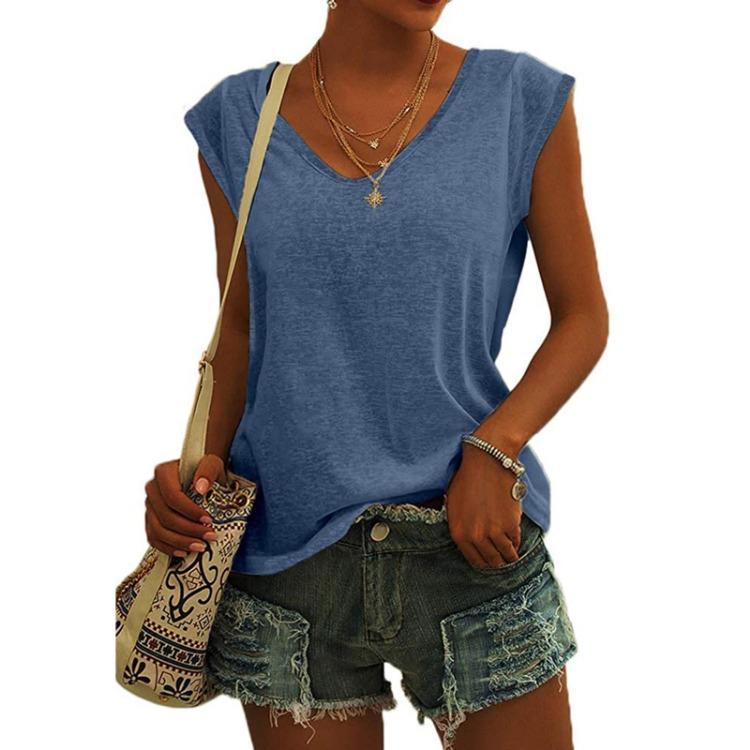 Damen Casual V-Ausschnitt Locker Geschnittenes T-Shirt Einfarbig Kurzarm Bluse Tanktops