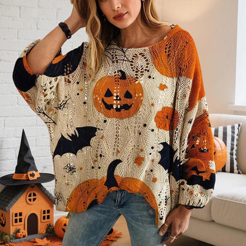 Halloween Crochet Pumpkin Sweater Women, Oversized Pumpkin Knit Pullover,Witch Hat Cozy Fall Sweater