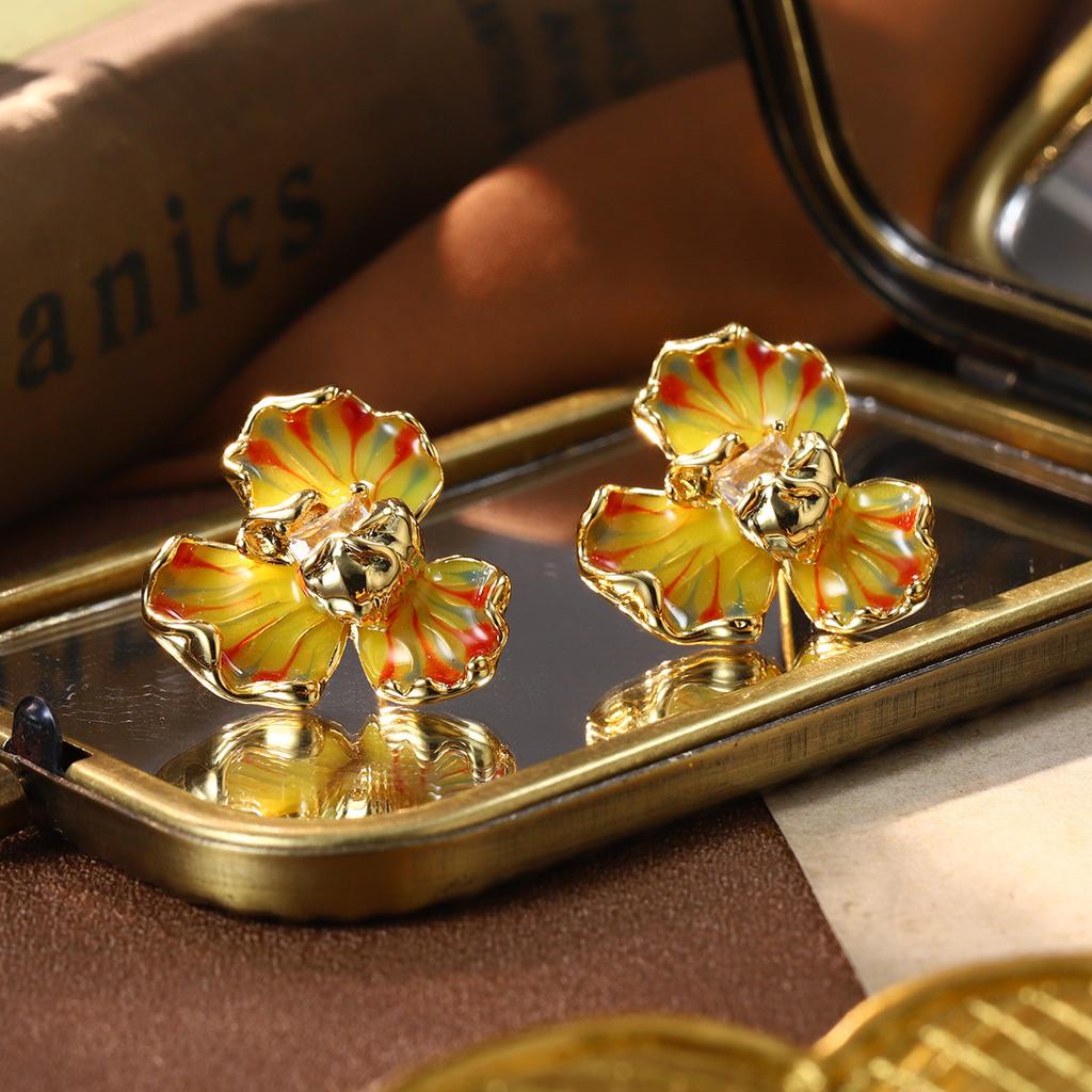 Monet Garden Oil Painting French Medieval Vintage Earrings Enamel Oil Drop Earrings Flower Natural Pearl Stud Earrings