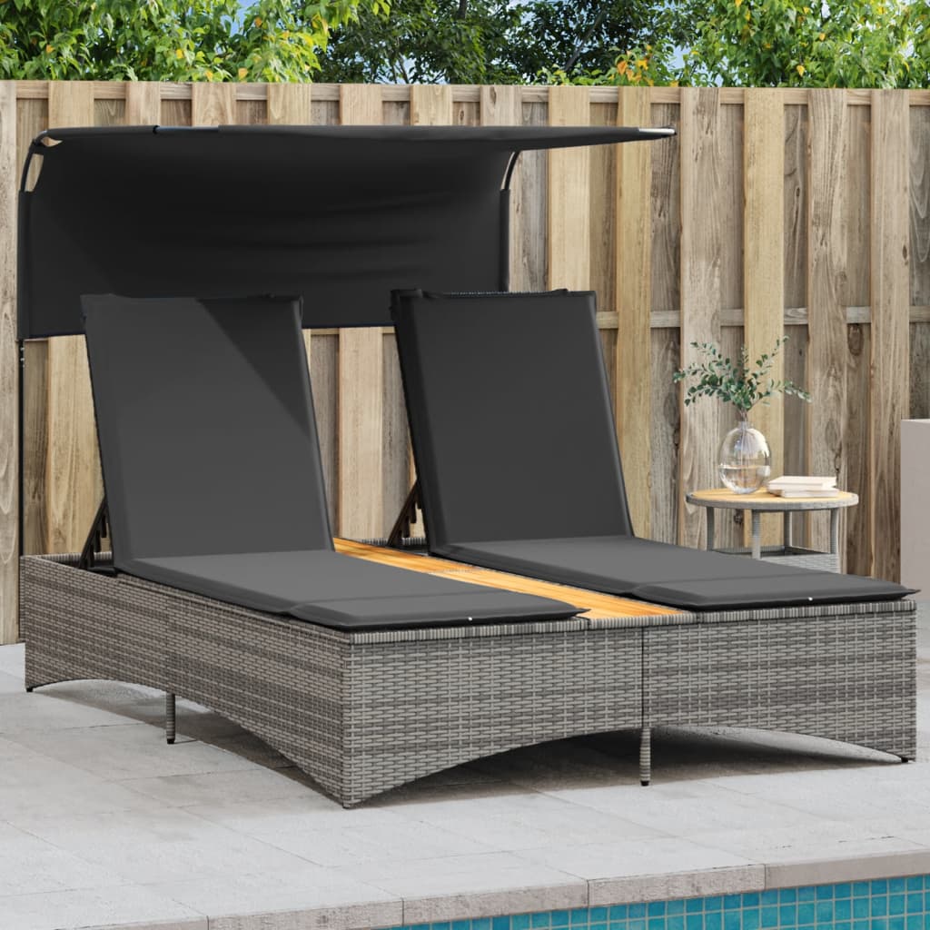 Vidaxl Double Sun Lounger with Canopy and Cushions, Grey, Rattan