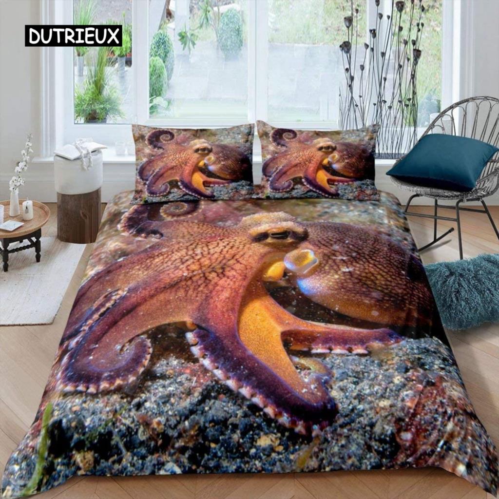 Octopus Duvet Cover Set Microfiber Green Octopus Tentacles Twin Bedding Set Sea Marine Theme Underwater Animal Comforter Cover