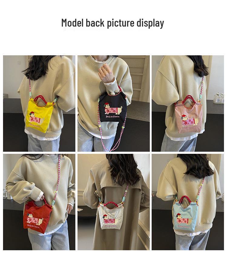 Korean Embroidered Dachshund Cartoon Women's Fashion Handbag - Versatile Color Block Shoulder and Crossbody Bag
