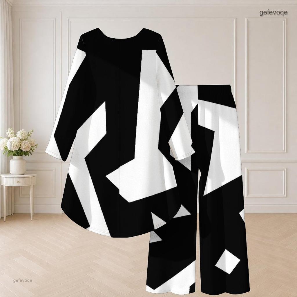 Women Plus Size Two Piece Pants Set Round Neck Long Sleeve Printed High Low Top Wide Leg Pants Black White