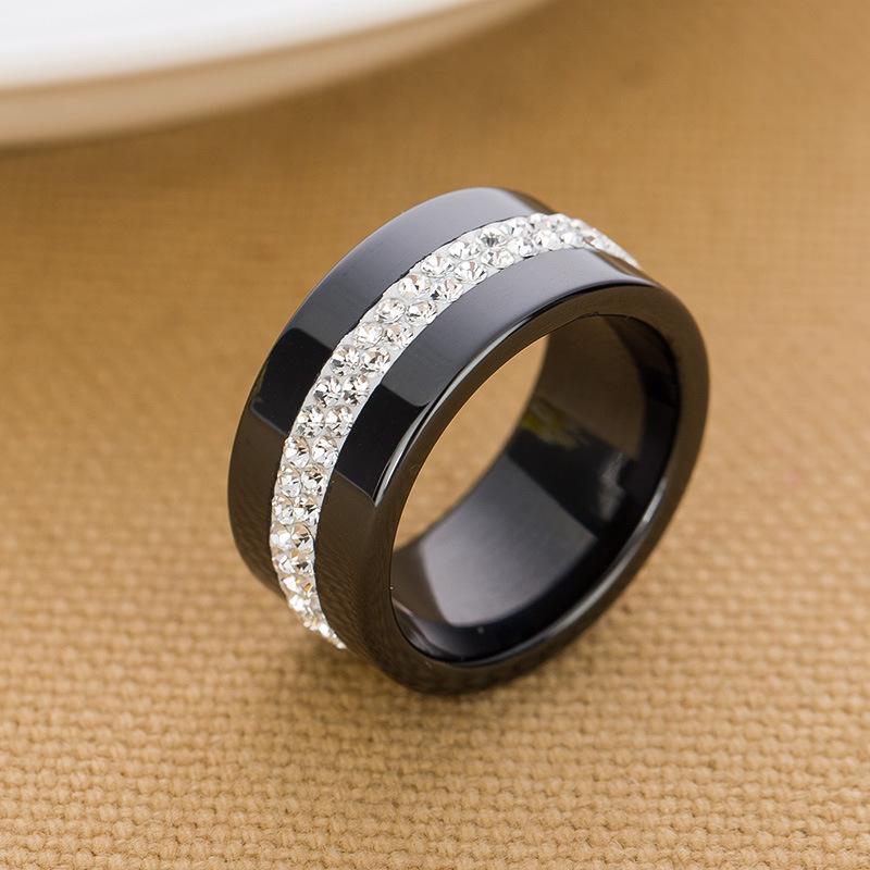 Stylish Ceramic Black and White Two-Row Diamond Ring, 10MM