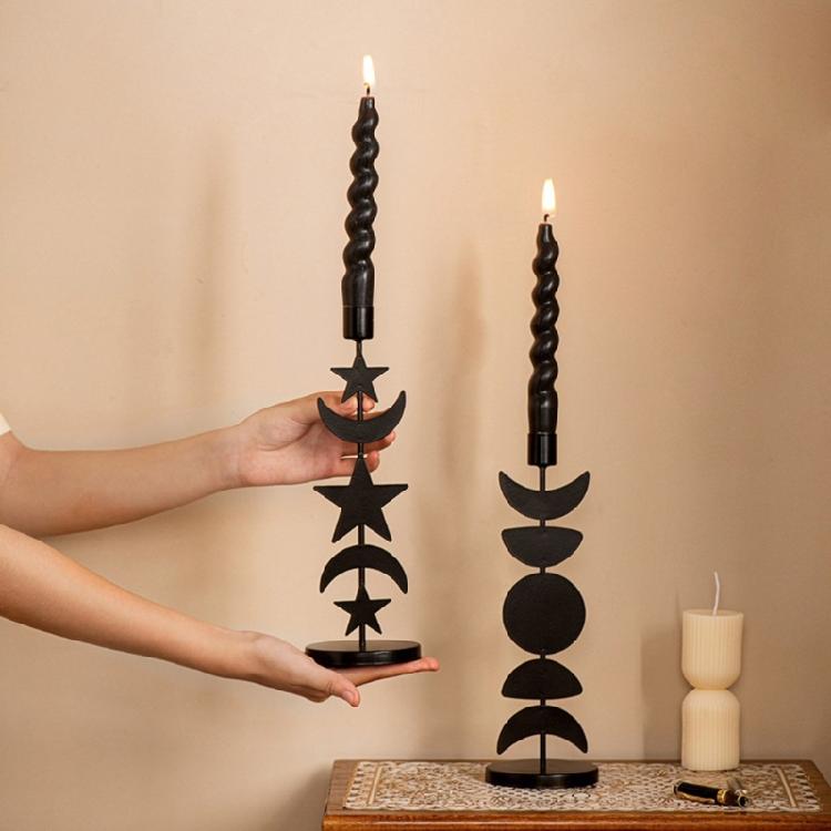 Black Pillar Candle Holder Iron Candlestick Sun Moon Star Metal Candle Stand for Weddings and Festival Table Decoration