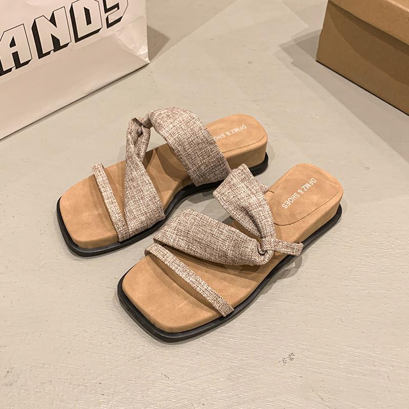Summer retro vacation slope heel slippers beach open-toed sandals mop fashion versatile thick-soled cover toe cool slippers