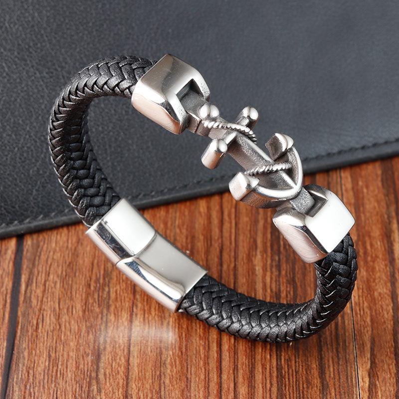 21CM Men Hand-woven Leather Rope Bracelet Black Hip Hop Vintage Chain Bracelet Male Stainless Steel Jewelry