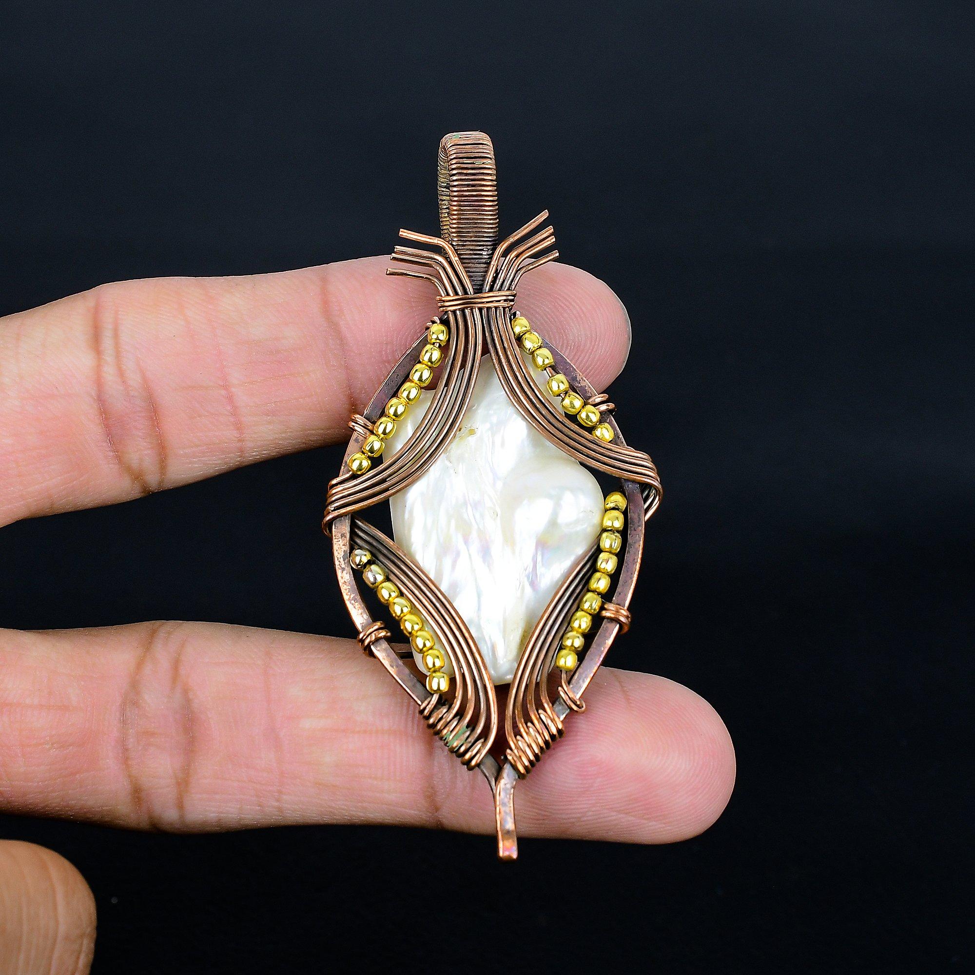 

Biwa Pearl 999 Copper Wire Wrapped Pendant, Handmade Gemstone Pendant Jewelry, Gifts For Wife Brand New Pendant 2.55 Inches