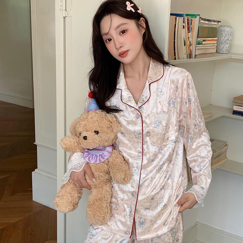 

Набір піжами з золотистого оксамиту з мереживною обробкою: Милий принт, довгі рукави та штани для осені/зими. XL (suitable for 60-70 kg) квітковий колір друку