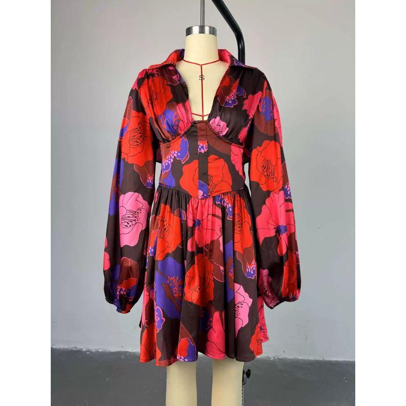 

European and American New Elegant Elegant Print V-neck Backless High Waist Dress Printed Backless Dress Safflower S